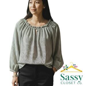 LOFT Petite White Black Dot Blouse Keyhole Neck Blouson Sleeves Size MP EUC